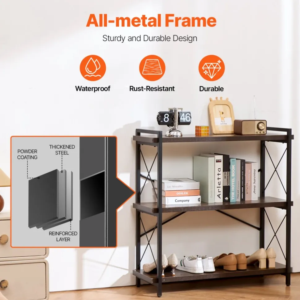 VEVOR Metal Bookshelf, 3-Tier Industrial Bookshelf, Small Rustic Storage Display Bookcase with Open Shelves, Freestanding Display Vintage Shelving Unit Storage Rack, for Living room, Bedroom & Office