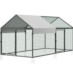 VEVOR Metal Chicken Coop for 4-6 Chickens, 3.3 x 6.6 x 3.3 ft, Small Chicken Cage with Waterproof Cover & Double Doors, Spire Roof Poultry Run Compatible with Wooden Coops, for Rabbit Hen Goose Duck