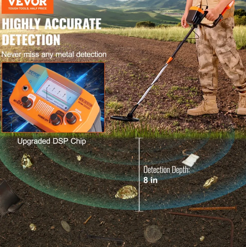 VEVOR Metal Detector for Adults & Kids, 8 Inch Waterproof Search Coil with High Accuracy Pointer Display, Adjustable 38''-49'' Gold Detector, Lightweight Aluminum Stem for Detecting Gold Treasure
