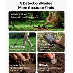 VEVOR Metal Detector for Adults, 10", Professional High Accuracy Gold Detector, IP68 Waterproof Search Coil with Display, Headphones, 5 Modes, Adjustable Length, for Detecting Gold Treasure Hunting