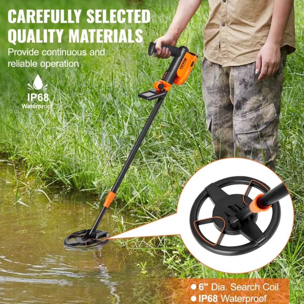 VEVOR Metal Detector for Kids, 6 Inch, 25''-37'' Adjustable Gold Detector, IP68 Waterproof Search Coil with LCD Display Advanced DSP Chip, Lightweight for Junior & Youth Detecting Gold Coin Treasure