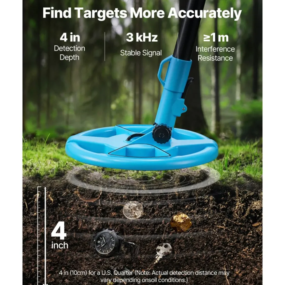 VEVOR Metal Detector, 4", Lightweight Metal Detector with LCD Display, 6" IP68 Waterproof Search Coil, Adjustable 25.6"-36.6" High Accuracy Gold Detector, Easy to Use, for Detecting Gold Exploration