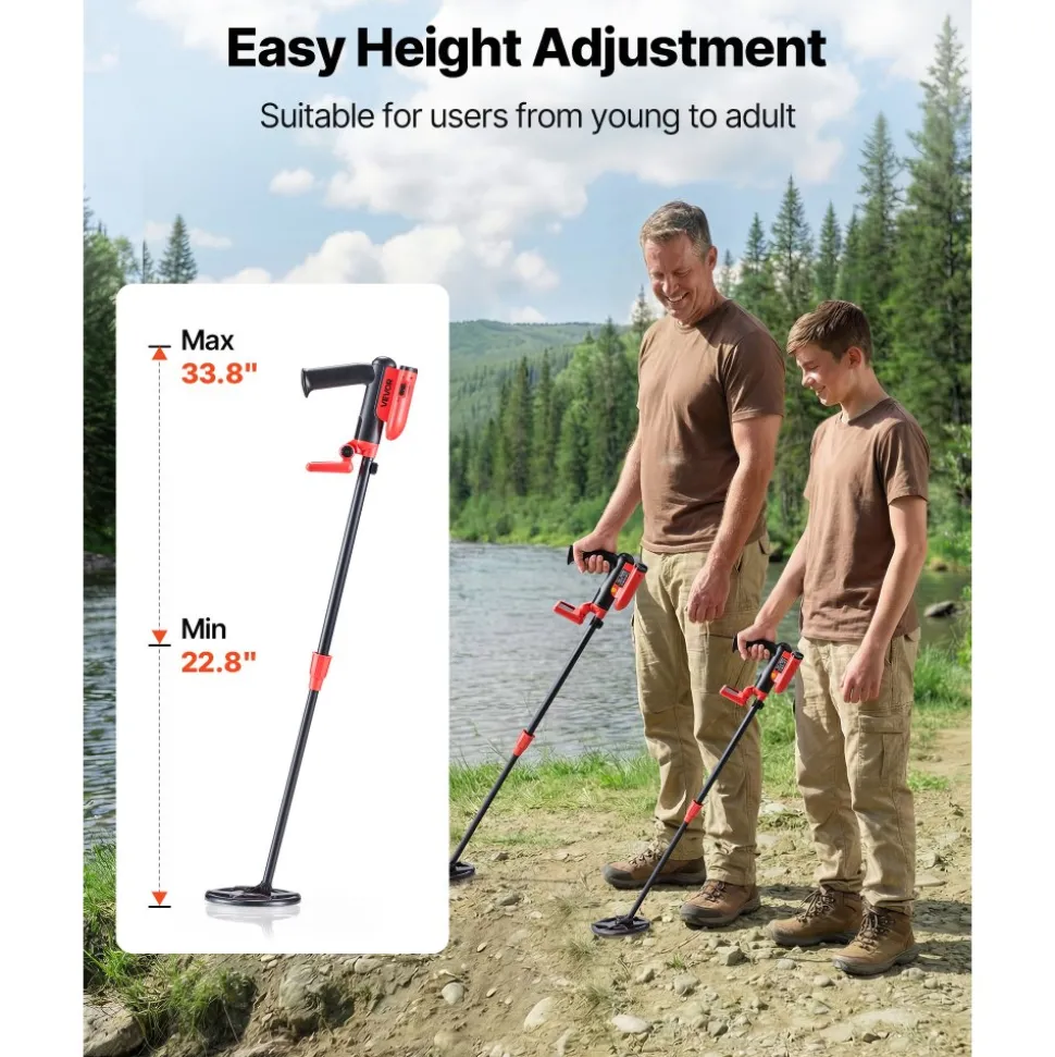 VEVOR Metal Detector, 6", Lightweight Metal Detector with LCD Display, IP68 Waterproof Search Coil, Adjustable 22.8"-33.8" High Accuracy Gold Detector, Easy to Use, for Detecting Gold Treasure Hunting