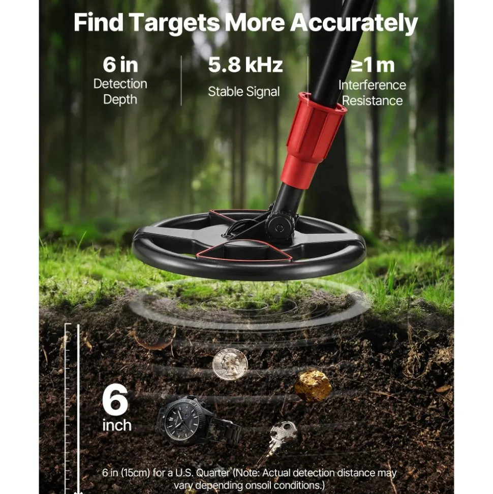 VEVOR Metal Detector, 6", Lightweight Metal Detector with LCD Display, IP68 Waterproof Search Coil, Adjustable 22.8"-33.8" High Accuracy Gold Detector, Easy to Use, for Detecting Gold Treasure Hunting