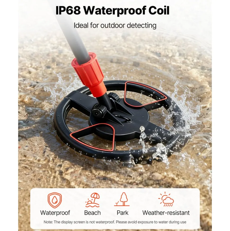 VEVOR Metal Detector, 6", Lightweight Metal Detector with LCD Display, IP68 Waterproof Search Coil, Adjustable 22.8"-33.8" High Accuracy Gold Detector, Easy to Use, for Detecting Gold Treasure Hunting