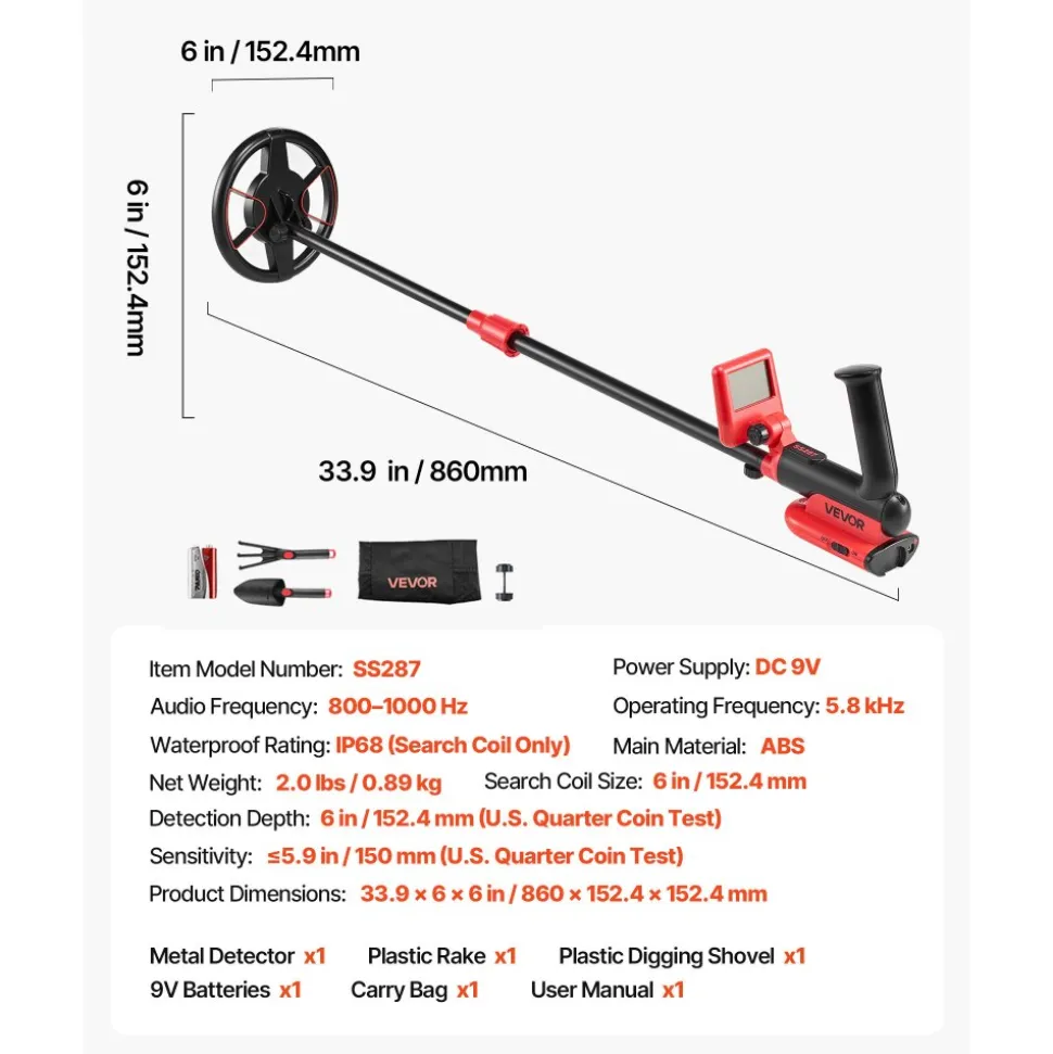 VEVOR Metal Detector, 6", Lightweight Metal Detector with LCD Display, IP68 Waterproof Search Coil, Adjustable 22.8"-33.8" High Accuracy Gold Detector, Easy to Use, for Detecting Gold Treasure Hunting