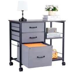 VEVOR Metal File Cabinet, Mobile Filing Cabinet with 3 Fabric Drawers and 2 Open Shelves, Wooden Vertical Filing Storage Cabinets with Wheels for Letter, A4, Legal Size File, Easy Assembly, Brown