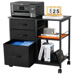 VEVOR Metal File Cabinet, Mobile Filing Cabinet with 3 Fabric Drawers and 2 Open Shelves, Wooden Vertical Filing Storage Cabinets with Wheels for Letter, A4, Legal Size File, Easy Assembly, Black