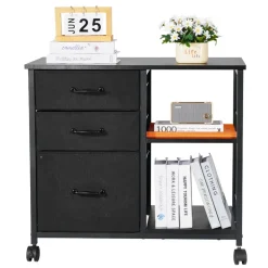 VEVOR Metal File Cabinet, Mobile Filing Cabinet with 3 Fabric Drawers and 2 Open Shelves, Wooden Vertical Filing Storage Cabinets with Wheels for Letter, A4, Legal Size File, Easy Assembly, Black
