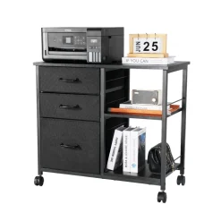 VEVOR Metal File Cabinet, Mobile Filing Cabinet with 3 Fabric Drawers and 2 Open Shelves, Wooden Vertical Filing Storage Cabinets with Wheels for Letter, A4, Legal Size File, Easy Assembly, Black