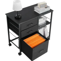 VEVOR Metal File Cabinet, Mobile Filing Cabinet with 3 Fabric Drawers and 2 Open Shelves, Wooden Vertical Filing Storage Cabinets with Wheels for Letter, A4, Legal Size File, Easy Assembly, Black