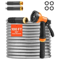 VEVOR Metal Garden Hose 100 ft, Rust Proof Stainless Steel Water Hose, Heavy Duty Backyard Hose with 10 Function Nozzle, No-Kink & Flexible Water Pipe, Lightweight Metal Hose for Yard, Outdoor