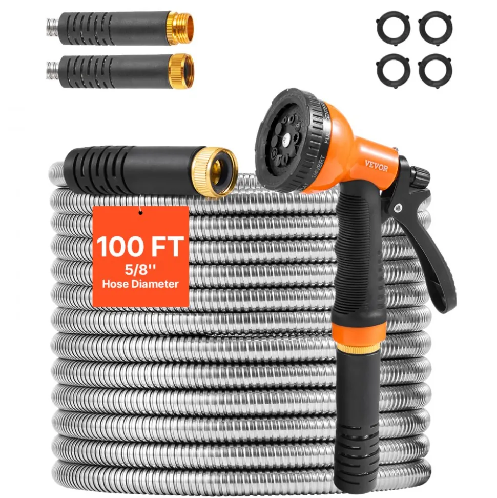 VEVOR Metal Garden Hose 100 ft, Rust Proof Stainless Steel Water Hose, Heavy Duty Backyard Hose with 10 Function Nozzle, No-Kink & Flexible Water Pipe, Lightweight Metal Hose for Yard, Outdoor