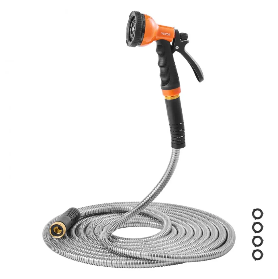 VEVOR Metal Garden Hose 100 ft, Rust Proof Stainless Steel Water Hose, Heavy Duty Backyard Hose with 10 Function Nozzle, No-Kink & Flexible Water Pipe, Lightweight Metal Hose for Yard, Outdoor