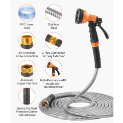 VEVOR Metal Garden Hose 50 ft, Rust Proof Stainless Steel Water Hose, Heavy Duty Backyard Hose with 10 Function Nozzle, No-Kink & Flexible Water Pipe, Lightweight Metal Hose for Yard, Outdoor