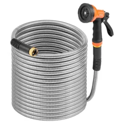 VEVOR Metal Garden Hose 150 ft, Rust Proof Stainless Steel Water Hose, Heavy Duty Backyard Hose with 10 Function Nozzle, No-Kink & Flexible Water Pipe, Lightweight Metal Hose for Yard, Outdoor