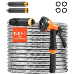 VEVOR Metal Garden Hose 75 ft, Rust Proof Stainless Steel Water Hose, Heavy Duty Backyard Hose with 10 Function Nozzle, No-Kink & Flexible Water Pipe, Lightweight Metal Hose for Yard, Outdoor