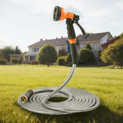 VEVOR Metal Garden Hose 200 ft, Rust Proof Stainless Steel Water Hose, Heavy Duty Backyard Hose with 10 Function Nozzle, No-Kink & Flexible Water Pipe, Lightweight Metal Hose for Yard, Outdoor