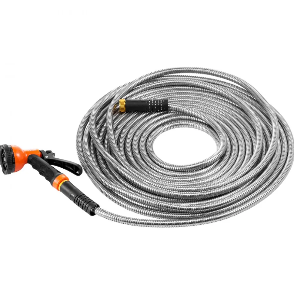VEVOR Metal Garden Hose 200 ft, Rust Proof Stainless Steel Water Hose, Heavy Duty Backyard Hose with 10 Function Nozzle, No-Kink & Flexible Water Pipe, Lightweight Metal Hose for Yard, Outdoor