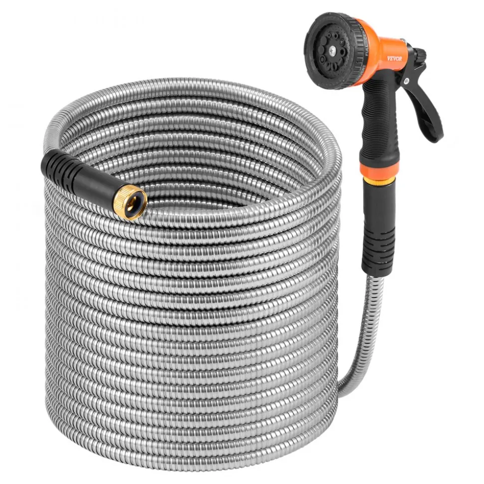 VEVOR Metal Garden Hose 200 ft, Rust Proof Stainless Steel Water Hose, Heavy Duty Backyard Hose with 10 Function Nozzle, No-Kink & Flexible Water Pipe, Lightweight Metal Hose for Yard, Outdoor
