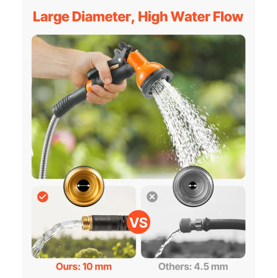 VEVOR Metal Garden Hose 200 ft, Rust Proof Stainless Steel Water Hose, Heavy Duty Backyard Hose with 10 Function Nozzle, No-Kink & Flexible Water Pipe, Lightweight Metal Hose for Yard, Outdoor