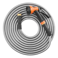 VEVOR Metal Garden Hose 200 ft, Rust Proof Stainless Steel Water Hose, Heavy Duty Backyard Hose with 10 Function Nozzle, No-Kink & Flexible Water Pipe, Lightweight Metal Hose for Yard, Outdoor
