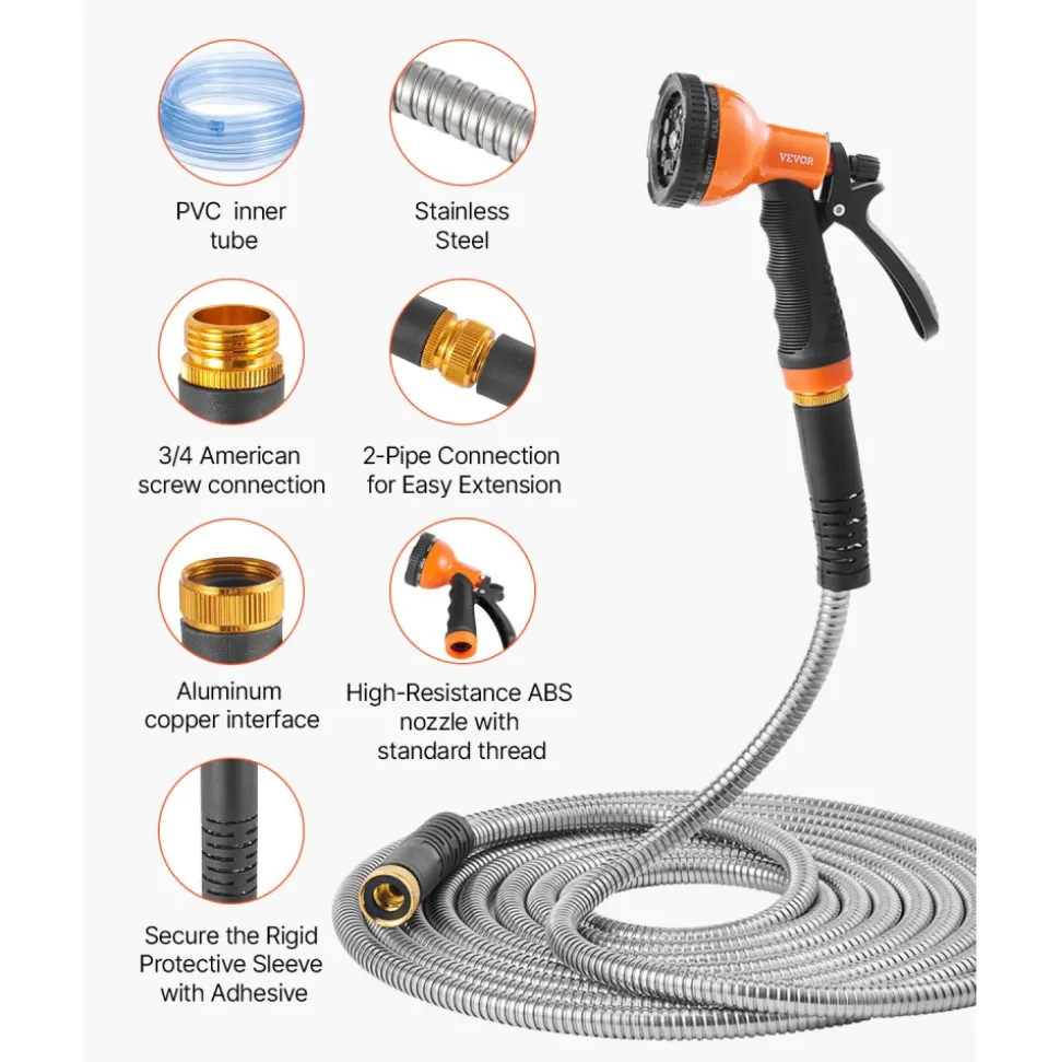 VEVOR Metal Garden Hose 200 ft, Rust Proof Stainless Steel Water Hose, Heavy Duty Backyard Hose with 10 Function Nozzle, No-Kink & Flexible Water Pipe, Lightweight Metal Hose for Yard, Outdoor