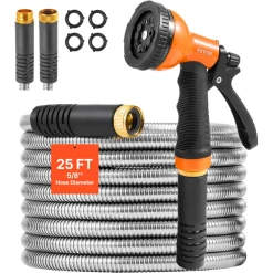 VEVOR Metal Garden Hose 25 ft, Rust Proof Stainless Steel Water Hose, Heavy Duty Backyard Hose with 10 Function Nozzle, No-Kink & Flexible Water Pipe, Lightweight Metal Hose for Yard, Outdoor