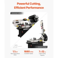 VEVOR Metal Horizontal Band Saw, 7 x 12 in Rectangular Cutting Capacity, 110/220V Metal Vertical Cutting Bandsaw with 1.1 kW Motor, 0-45° Angle Adjustment, Variable Speed, for Metal, Wood, and Plastic