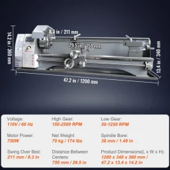 VEVOR Metal Lathe Machine, 211 mm x 750 mm, Precision Benchtop Power Metal Lathe, 0-2500 RPM Continuously Variable Speed, 750W Brushless Motor Metal Gears, with Tool Box for Processing Precision Parts