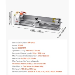 VEVOR Metal Lathe Machine, 8.7 x 39 in, Precision Bench Power Metal Lathe, Automatic Feed, 0-2500 RPM Variable Speed, 1250W Brushless Motor, for Processing Precision Parts Soft Metals Wood Plastics