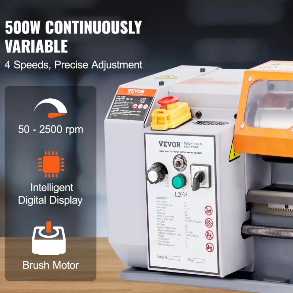 VEVOR Metal Lathe Machine, 7.87'' x 13.78'', Precision Benchtop Power Metal Lathe,, 50-2500 RPM Continuously Variable Speed, 600W Brush Motor Metal Gears, with Tool Box for Processing Precision Parts