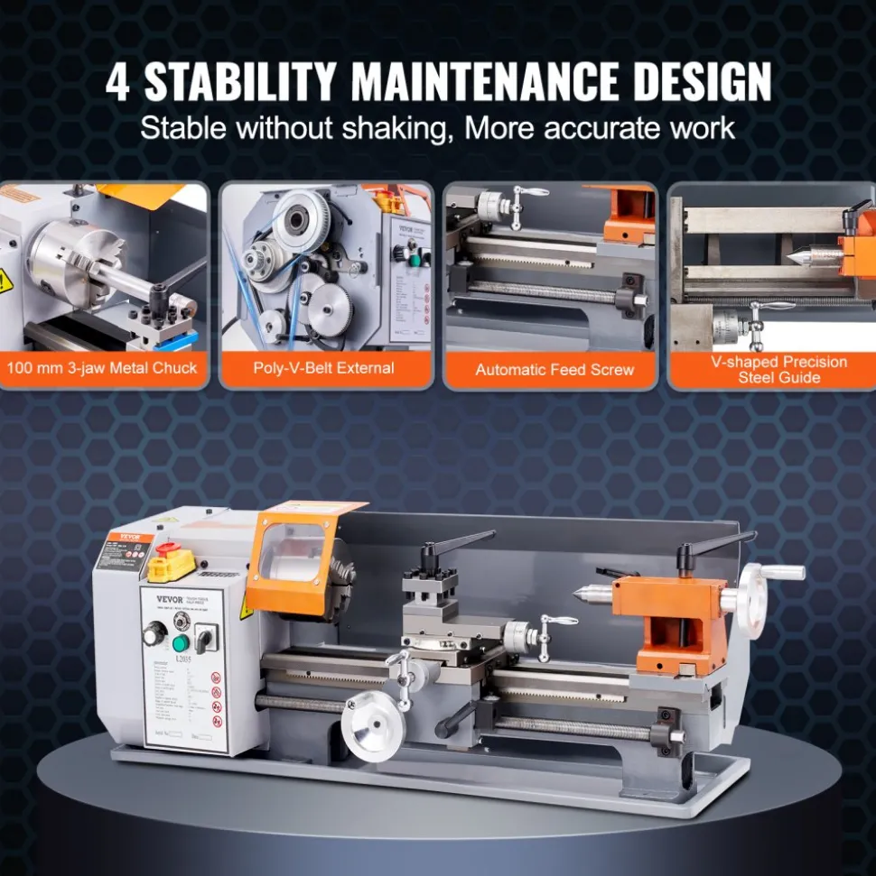 VEVOR Metal Lathe Machine, 7.87'' x 13.78'', Precision Benchtop Power Metal Lathe,, 50-2500 RPM Continuously Variable Speed, 600W Brush Motor Metal Gears, with Tool Box for Processing Precision Parts