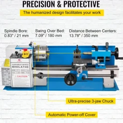 VEVOR Metal Lathe 7x14inch Precision Bench Top Mini Metal Lathe 550W Precision Metal Lathe Variable Speed 50-2500 RPM Nylon Gear with A Movable Lamp