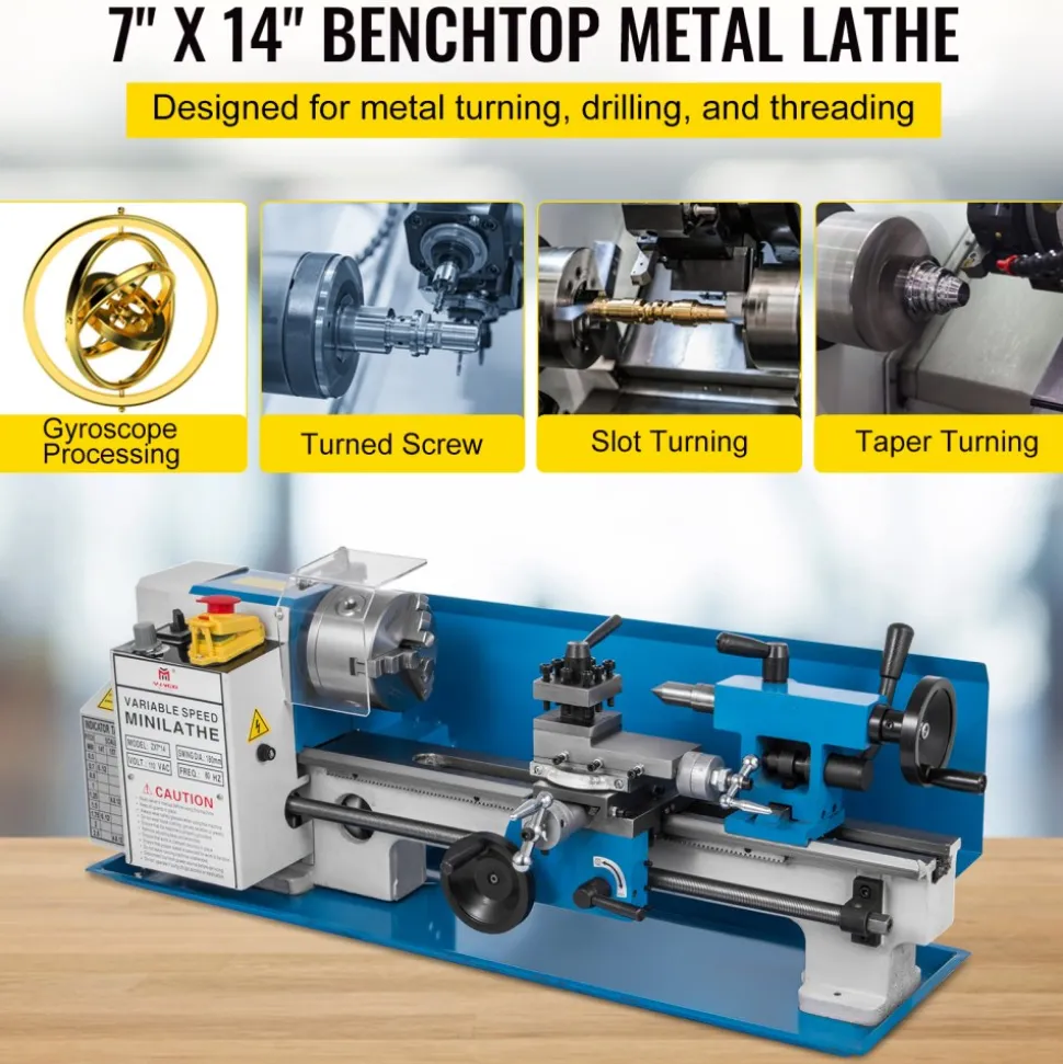 VEVOR Metal Lathe 7x14inch Precision Bench Top Mini Metal Lathe 550W Precision Metal Lathe Variable Speed 50-2500 RPM Nylon Gear with A Movable Lamp
