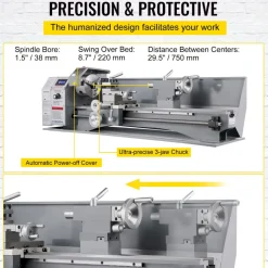 VEVOR Metal Lathe 8.7 x 29.5 Inch/220 x 750MM Mini Metal Lathe 1.1KW Infinitely Variable Speed Mini Lathe Machine LED Screen for Counter Face Turning Driling