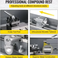 VEVOR Metal Lathe 8.7 x 29.5 Inch/220 x 750MM Mini Metal Lathe 1.1KW Infinitely Variable Speed Mini Lathe Machine LED Screen for Counter Face Turning Driling