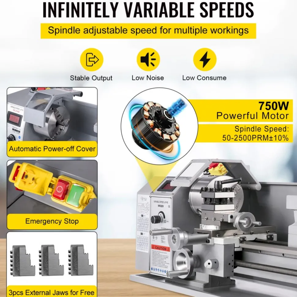 VEVOR Metal Lathe, 210x720 Mini Lathe Machine, 2500 RPM Variable Speed Change, 750W Precision Mini Lathe, Metal Working Lathe with Brushless Motor, Milling Machine for Various Metal Turning