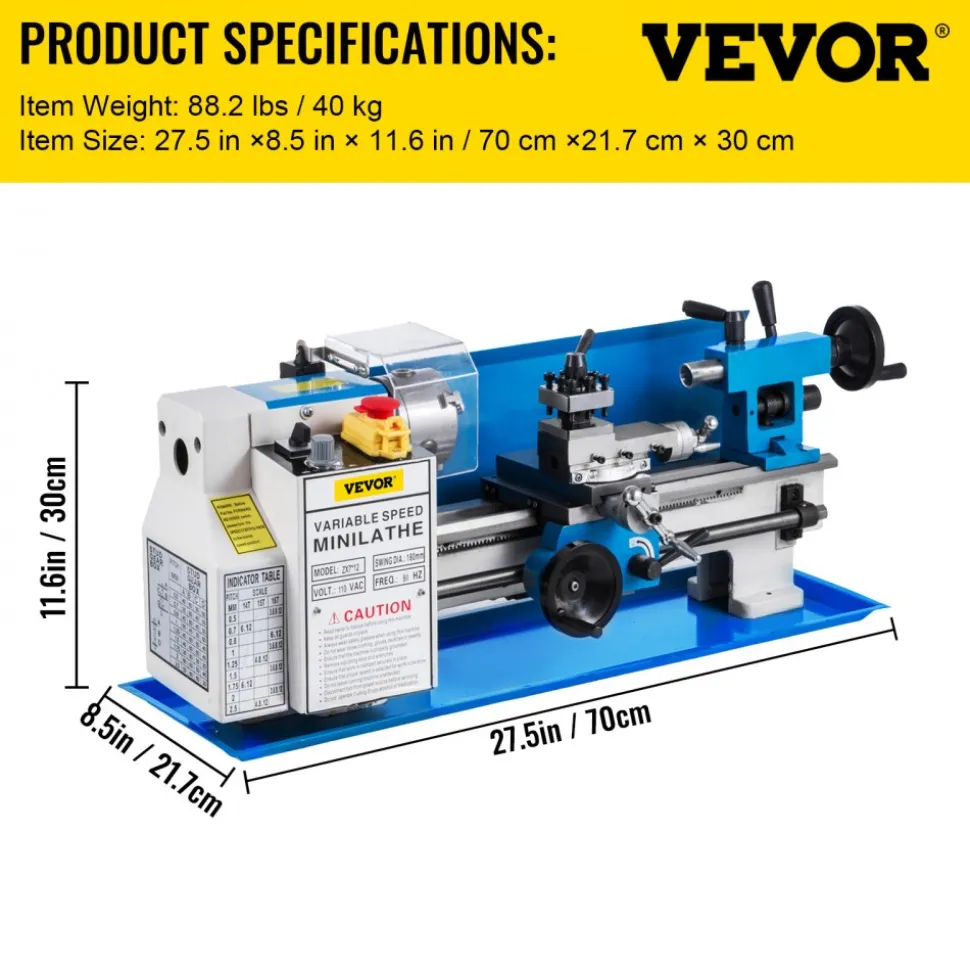 VEVOR Metal Lathe 7"x12",Precision Bench Top Mini Metal Lathe 550W, Metal Lathe Variable Speed 50-2500 RPM Nylon Gear With A Movable Lamp for Precision Parts Processing