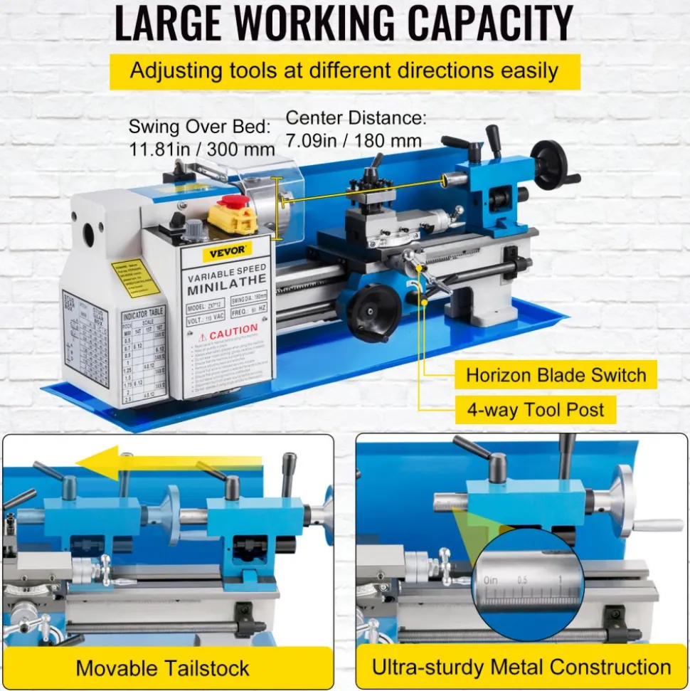VEVOR Metal Lathe 7"x12",Precision Bench Top Mini Metal Lathe 550W, Metal Lathe Variable Speed 50-2500 RPM Nylon Gear With A Movable Lamp for Precision Parts Processing