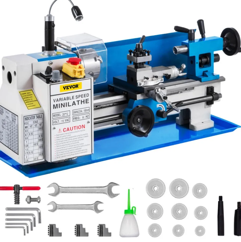 VEVOR Metal Lathe 7"x12",Precision Bench Top Mini Metal Lathe 550W, Metal Lathe Variable Speed 50-2500 RPM Nylon Gear With A Movable Lamp for Precision Parts Processing