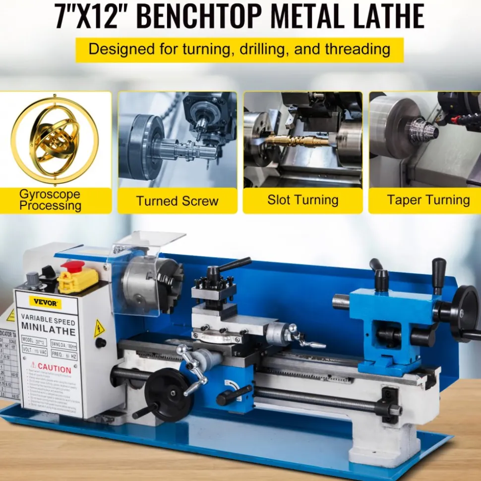 VEVOR Metal Lathe 7"x12",Precision Bench Top Mini Metal Lathe 550W, Metal Lathe Variable Speed 50-2500 RPM Nylon Gear With A Movable Lamp for Precision Parts Processing