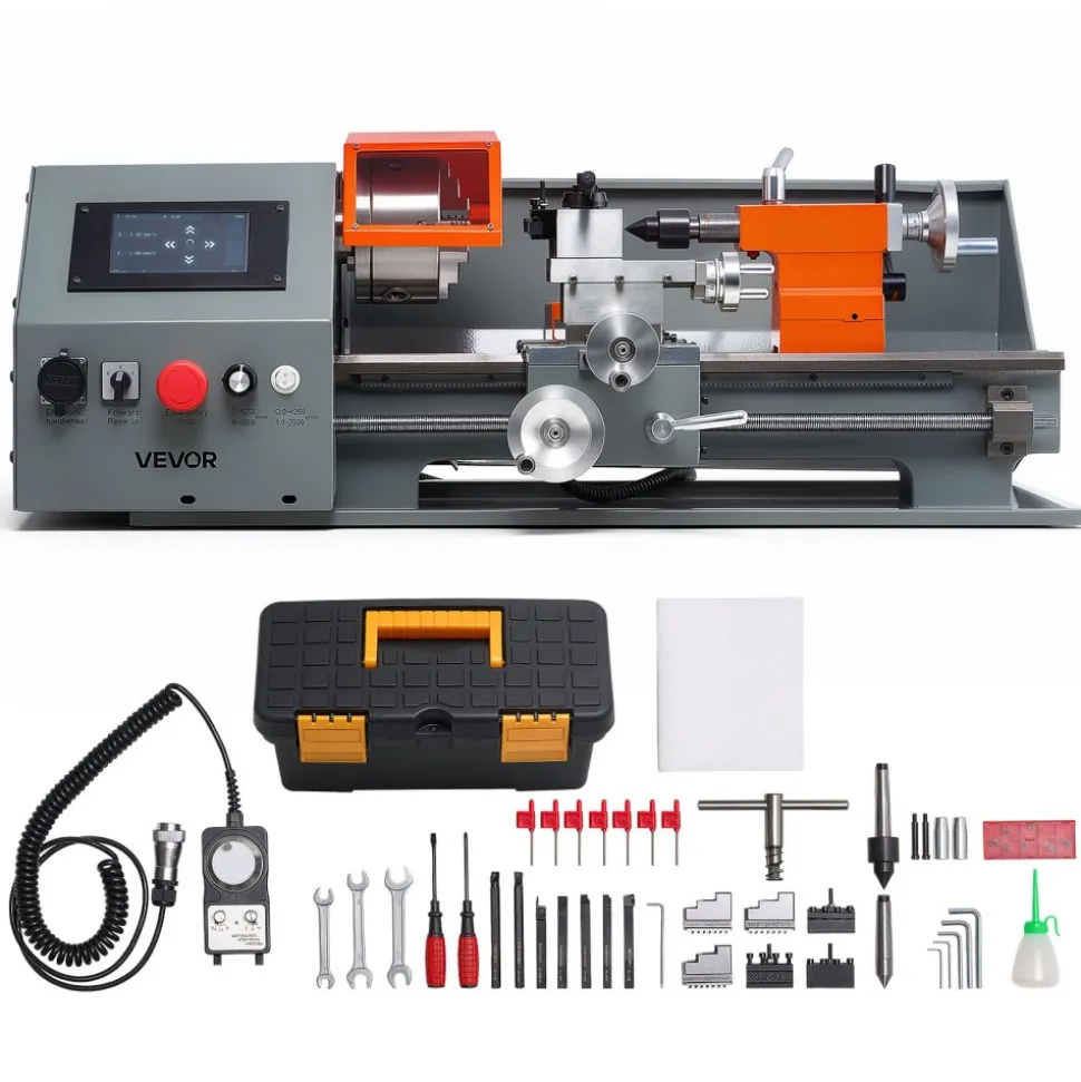 VEVOR Metal Lathe 8"x16" 1100W Benchtop CNC Metal Lathe Touchscreen Control, for Fully Automatic Metalworking Turning, Quick-Change Tool Post, Electronic Leadscrew Drive, Variable Speed 2500 RPM Max