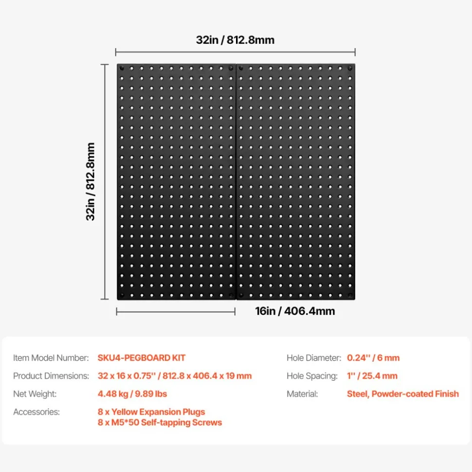 VEVOR Metal Pegboard Panels, 32" x 16" Pegboard, 2 Panels, Heavy Duty Steel Peg Board Wall Organizer, for Living Room Garage Tool Storage Workbench Office Organization Craft Room Kitchen Home, Black