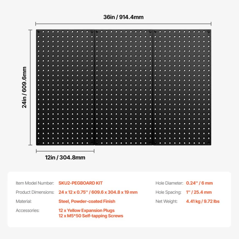 VEVOR Metal Pegboard Panels, 24" x 12" Pegboard, 3 Panels, Heavy Duty Steel Peg Board Wall Organizer, for Living Room Garage Tool Storage Workbench Office Organization Craft Room Kitchen Home, Black