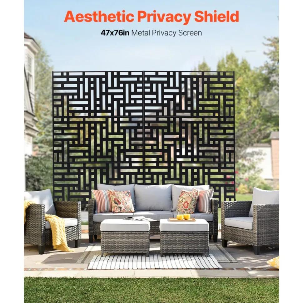 VEVOR Metal Privacy Screen, 47" W x 76" H, Outdoor Privacy Screens 3-Panel, Freestanding Outdoor Divider with Stand, Decorative Garden Steel Privacy Fence for Balcony Patio Indoor Room Hot Tub Black