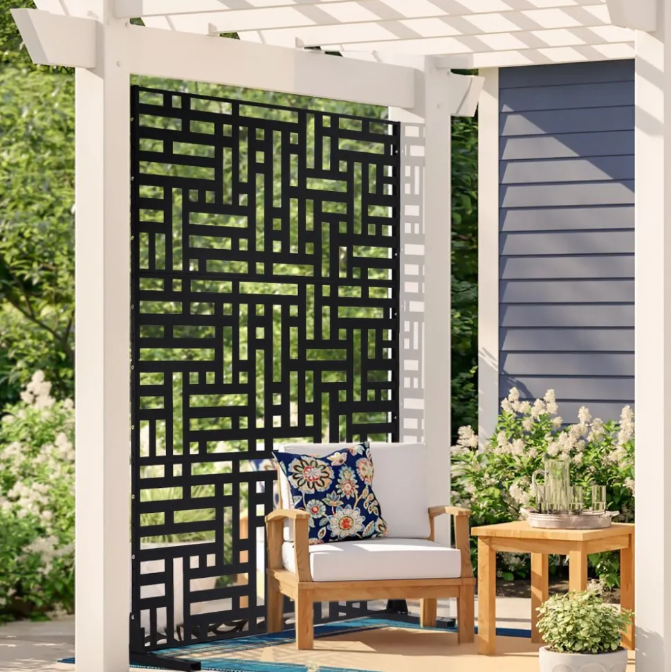 VEVOR Metal Privacy Screen, 47" W x 76" H, Outdoor Privacy Screens 3-Panel, Freestanding Outdoor Divider with Stand, Decorative Garden Steel Privacy Fence for Balcony Patio Indoor Room Hot Tub Black