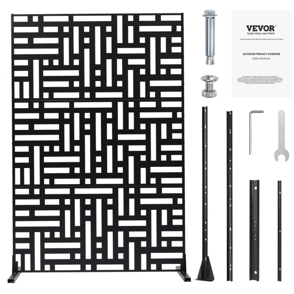 VEVOR Metal Privacy Screen, 47" W x 76" H, Outdoor Privacy Screens 3-Panel, Freestanding Outdoor Divider with Stand, Decorative Garden Steel Privacy Fence for Balcony Patio Indoor Room Hot Tub Black
