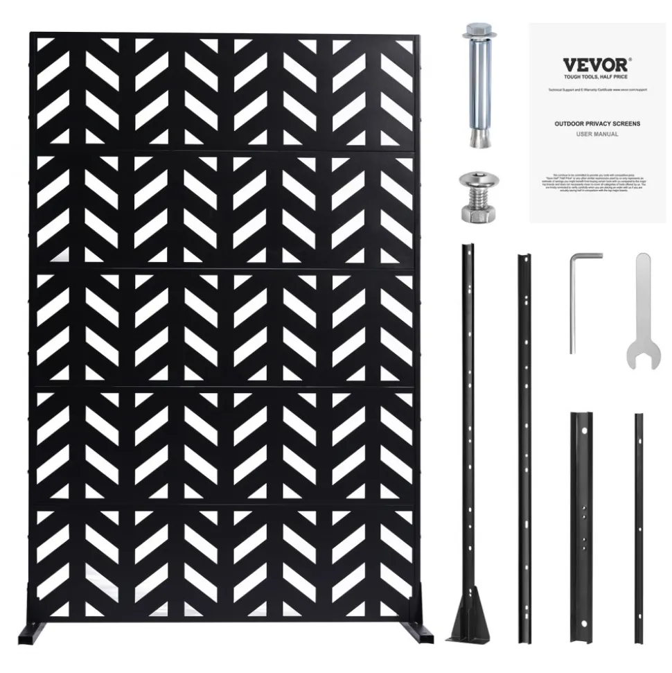 VEVOR Metal Privacy Screen, 47" W x 72" H, Outdoor Privacy Screens 5-Panel, Freestanding Outdoor Divider with Stand, Decorative Garden Steel Privacy Fence for Balcony Patio Indoor Room Black