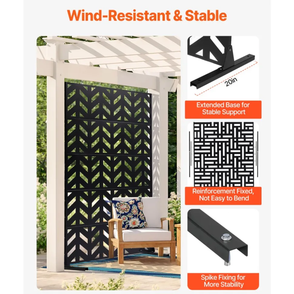 VEVOR Metal Privacy Screen, 47" W x 72" H, Outdoor Privacy Screens 5-Panel, Freestanding Outdoor Divider with Stand, Decorative Garden Steel Privacy Fence for Balcony Patio Indoor Room Black